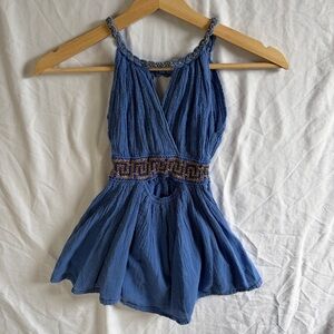 Vintage Blue Gold Lurex Gauze Keyhole Gold Detail Top